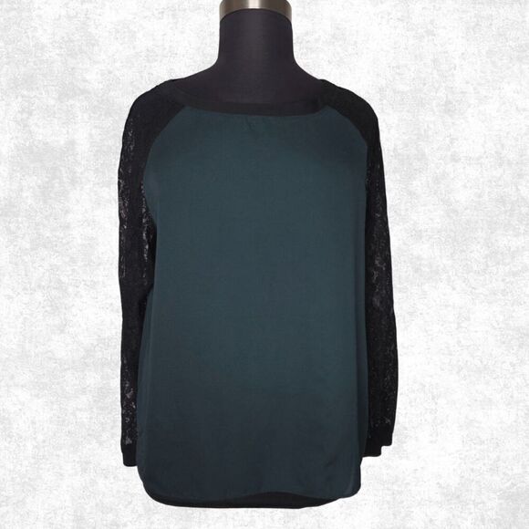 LOFT Women’s XL Hunter Green Lace Sleeve Blouse – Raglan Sheer Black Top - Picture 5 of 6